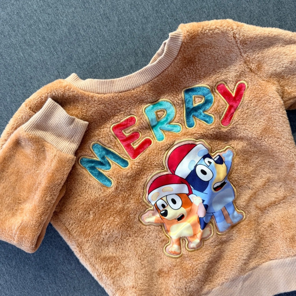 Bluey Merry Christmas Fleece Sweatshirt Tan Faux Fur Holiday Top 4T